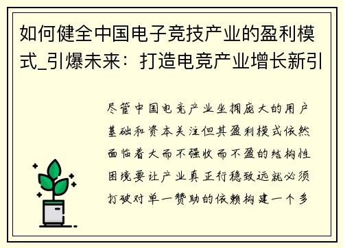 如何健全中国电子竞技产业的盈利模式_引爆未来：打造电竞产业增长新引擎